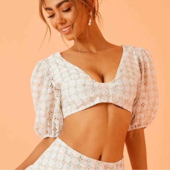 For Love And Lemons Tops - For Love & Lemons Crop Top Denise Multicolor Eyelet Embroidery Puff Sleeve NWT